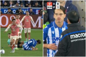 Denis Suárez tiene que ser atendido por un corte en la boca tras chocar con el árbitro